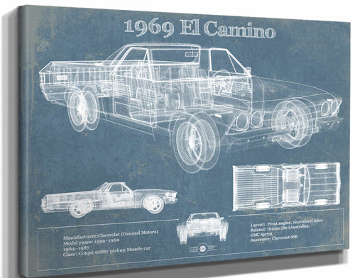 14" x 11" / Stretched Canvas Wrap Cutler West 1969 El Camino Vintage Blueprint Auto Print