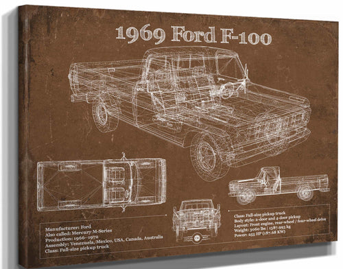 14" x 11" / Stretched Canvas Wrap Cutler West 1969 Ford F-100 Pickup Vintage Blueprint Auto Print