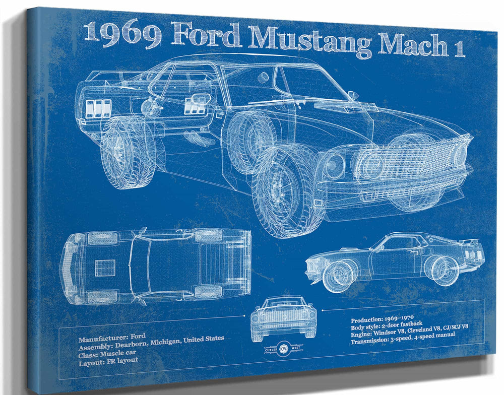 14" x 11" / Stretched Canvas Wrap Cutler West 1969 Ford Mustang Mach 1 Vintage Blueprint Auto Print