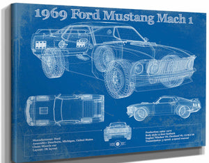 14" x 11" / Stretched Canvas Wrap Cutler West 1969 Ford Mustang Mach 1 Vintage Blueprint Auto Print