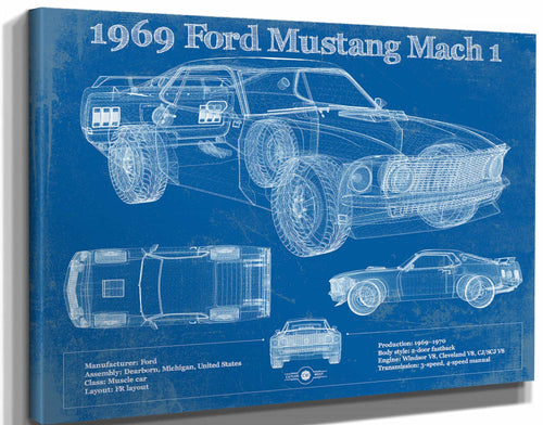 14" x 11" / Stretched Canvas Wrap Cutler West 1969 Ford Mustang Mach 1 Vintage Blueprint Auto Print