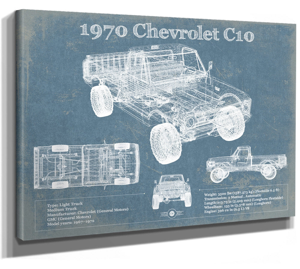 14" x 11" / Stretched Canvas Wrap Cutler West 1970 Chevrolet C10 Pickup Vintage Blueprint Auto Print