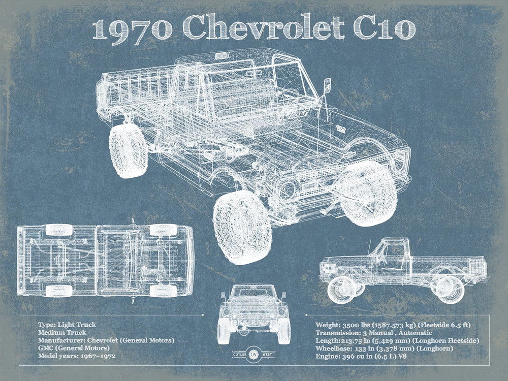 14" x 11" / Stretched Canvas Wrap Cutler West 1970 Chevrolet C10 Pickup Vintage Blueprint Auto Print