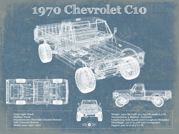 14" x 11" / Unframed Cutler West 1970 Chevrolet C10 Pickup Vintage Blueprint Auto Print
