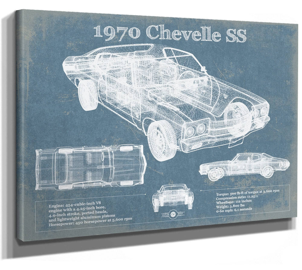 14" x 11" / Stretched Canvas Wrap Cutler West 1970 Chevrolet Chevelle SS Original Blueprint Art