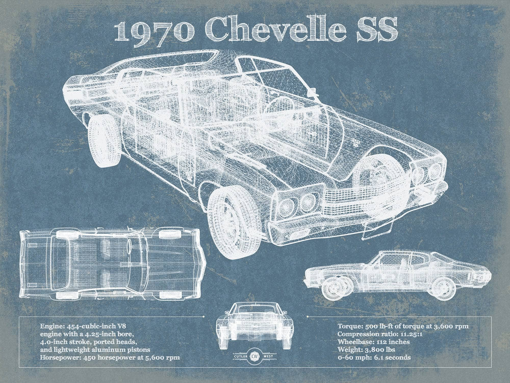 14" x 11" / Stretched Canvas Wrap Cutler West 1970 Chevrolet Chevelle SS Original Blueprint Art