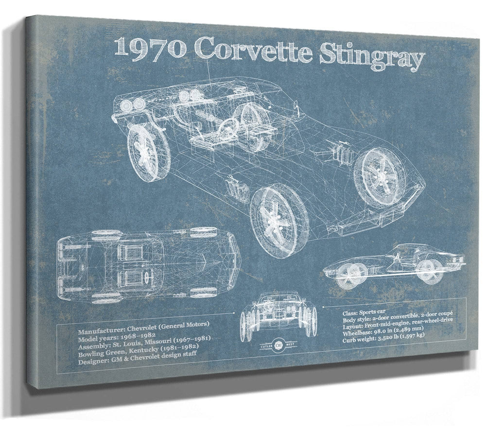 14" x 11" / Stretched Canvas Wrap Cutler West 1970 Chevrolet Corvette Stingray Blueprint Vintage Auto Print