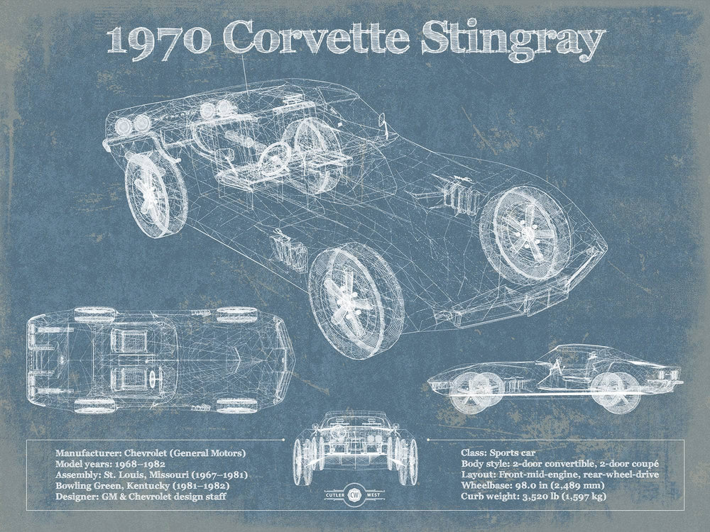 14" x 11" / Stretched Canvas Wrap Cutler West 1970 Chevrolet Corvette Stingray Blueprint Vintage Auto Print