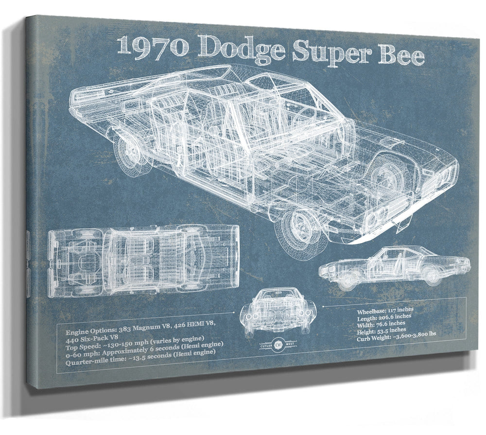 14" x 11" / Stretched Canvas Wrap Cutler West 1970 Dodge Super Bee Vintage Blueprint Auto Print