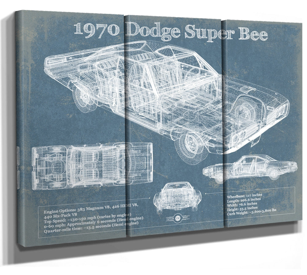 14" x 11" / Stretched Canvas Wrap Cutler West 1970 Dodge Super Bee Vintage Blueprint Auto Print