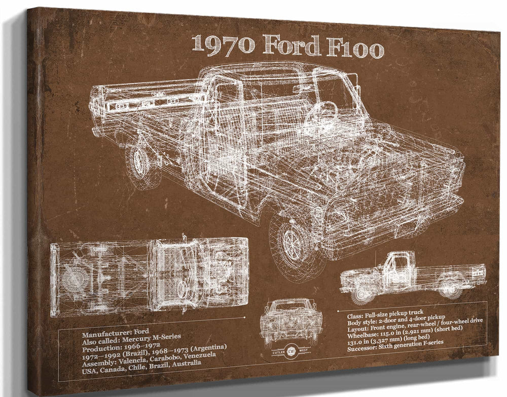 14" x 11" / Stretched Canvas Wrap Cutler West 1970 Ford F100 Vintage Blueprint Auto Print