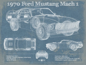 14" x 11" / Unframed Cutler West 1970 Ford Mustang Mach 1 Vintage Blueprint Auto Print