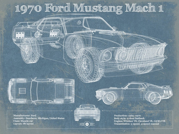 14" x 11" / Unframed Cutler West 1970 Ford Mustang Mach 1 Vintage Blueprint Auto Print