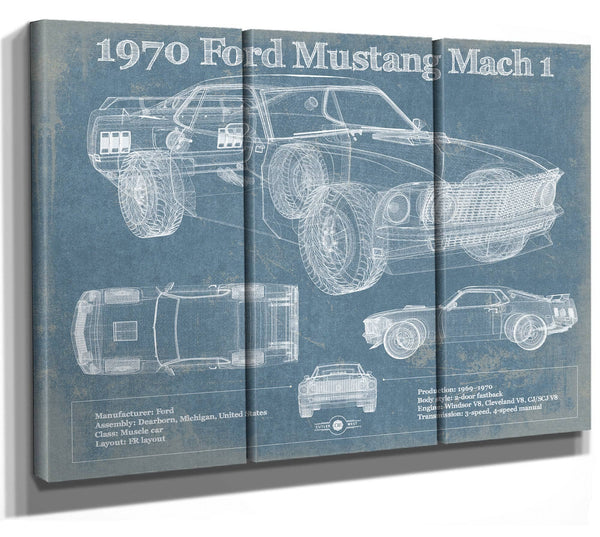 36" x 24" / 3 Panel Canvas Wrap Cutler West 1970 Ford Mustang Mach 1 Vintage Blueprint Auto Print
