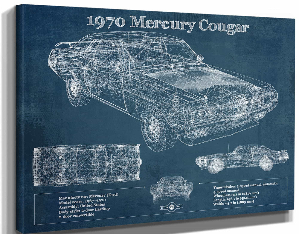 14" x 11" / Stretched Canvas Wrap Cutler West 1970 Mercury Cougar Eliminator Blueprint Vintage Auto Print