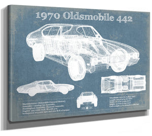 14" x 11" / Stretched Canvas Wrap Cutler West 1970 Oldsmobile 442 Vintage Blueprint Auto Print