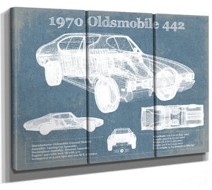 36" x 24" / 3 Panel Canvas Wrap Cutler West 1970 Oldsmobile 442 Vintage Blueprint Auto Print