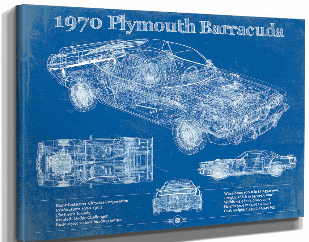 14" x 11" / Stretched Canvas Wrap Cutler West 1970 Plymouth Barracuda Original Blueprint Art