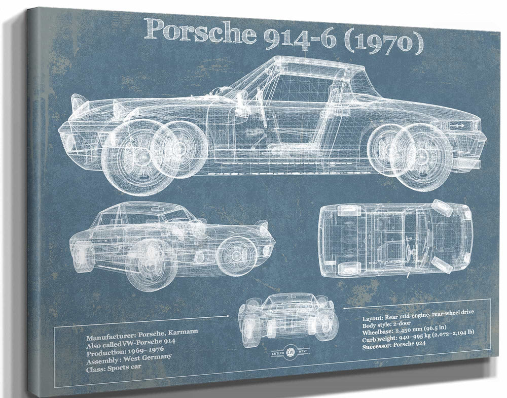 14" x 11" / Stretched Canvas Wrap Cutler West 1970 Porsche 914-6 Vintage Blueprint Auto Print