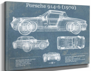 14" x 11" / Stretched Canvas Wrap Cutler West 1970 Porsche 914-6 Vintage Blueprint Auto Print