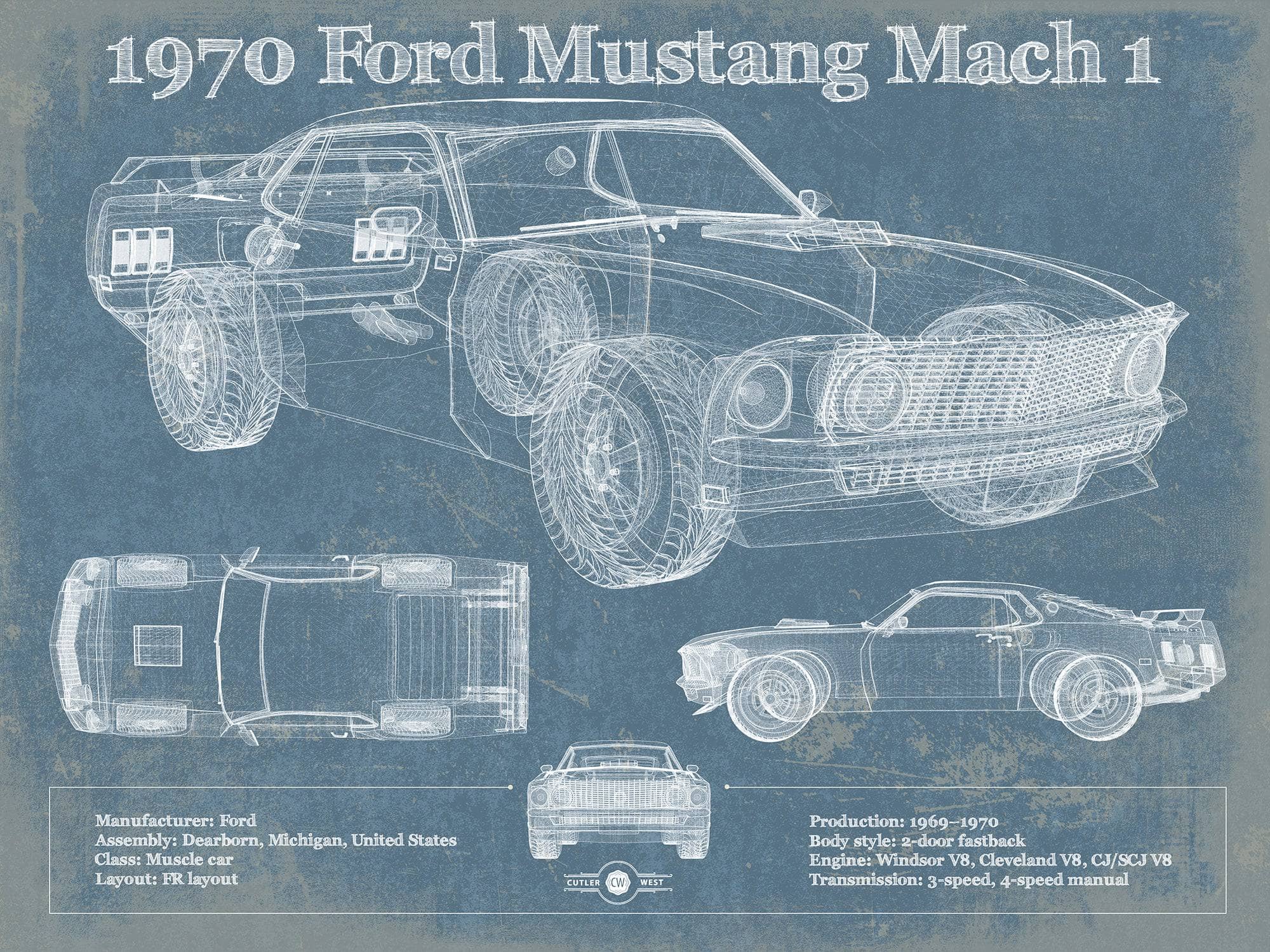 1970 Ford Mustang Mach 1 Vintage Blueprint Auto Print