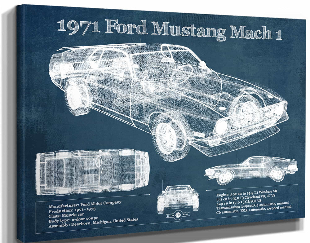 14" x 11" / Stretched Canvas Wrap Cutler West 1971-1973 Ford Mustang Mach 1 First Gen Mustang Facelift Vintage Blueprint Auto Print
