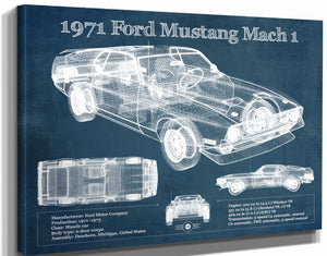 14" x 11" / Stretched Canvas Wrap Cutler West 1971-1973 Ford Mustang Mach 1 First Gen Mustang Facelift Vintage Blueprint Auto Print