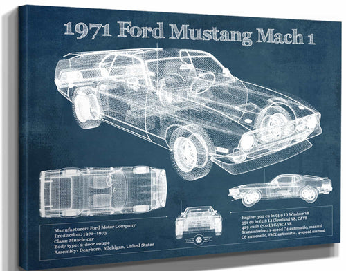 14" x 11" / Stretched Canvas Wrap Cutler West 1971-1973 Ford Mustang Mach 1 First Gen Mustang Facelift Vintage Blueprint Auto Print