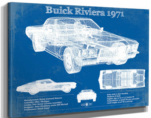 14" x 11" / Stretched Canvas Wrap Cutler West 1971 Buick Riviera Blueprint Vintage Auto Print