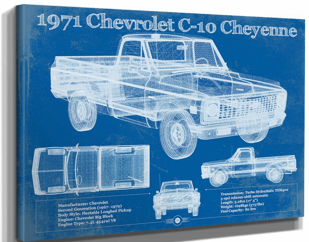 14" x 11" / Stretched Canvas Wrap Cutler West 1971 Chevrolet C-10 Cheyenne Original Blueprint Art