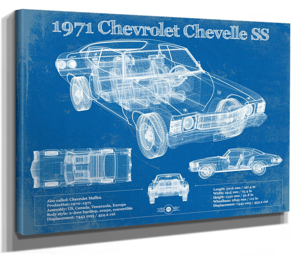 14" x 11" / Stretched Canvas Wrap Cutler West 1971 Chevrolet Chevelle SS 454 Original Blueprint Art