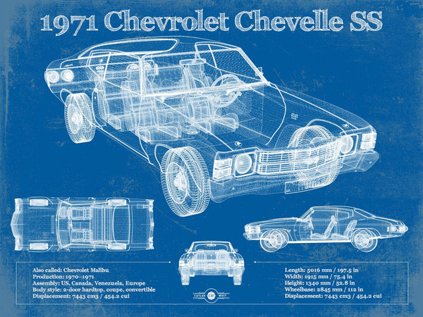 14" x 11" / Unframed Cutler West 1971 Chevrolet Chevelle SS 454 Original Blueprint Art