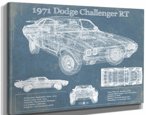 14" x 11" / Stretched Canvas Wrap Cutler West 1971 Dodge Challenger Rt Car Blueprint Patent Original Art