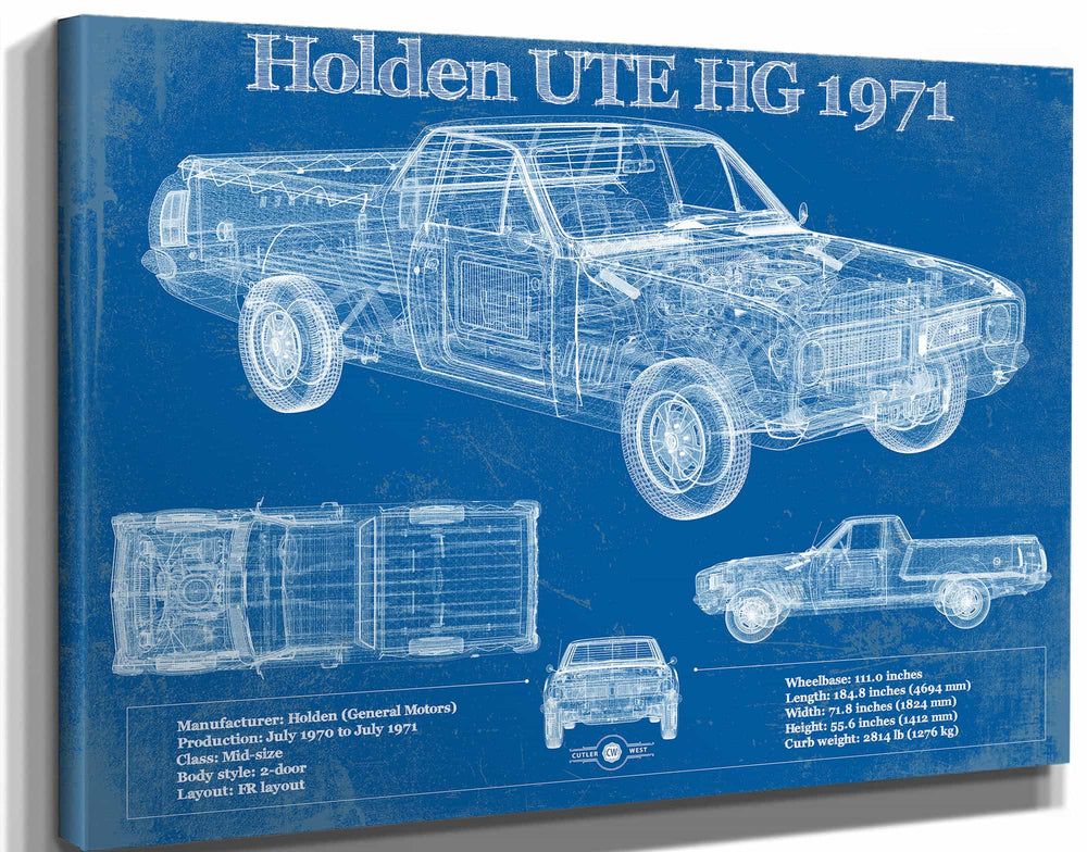 14" x 11" / Stretched Canvas Wrap Cutler West 1971 Holden HG Belmont ute Vintage Auto Print