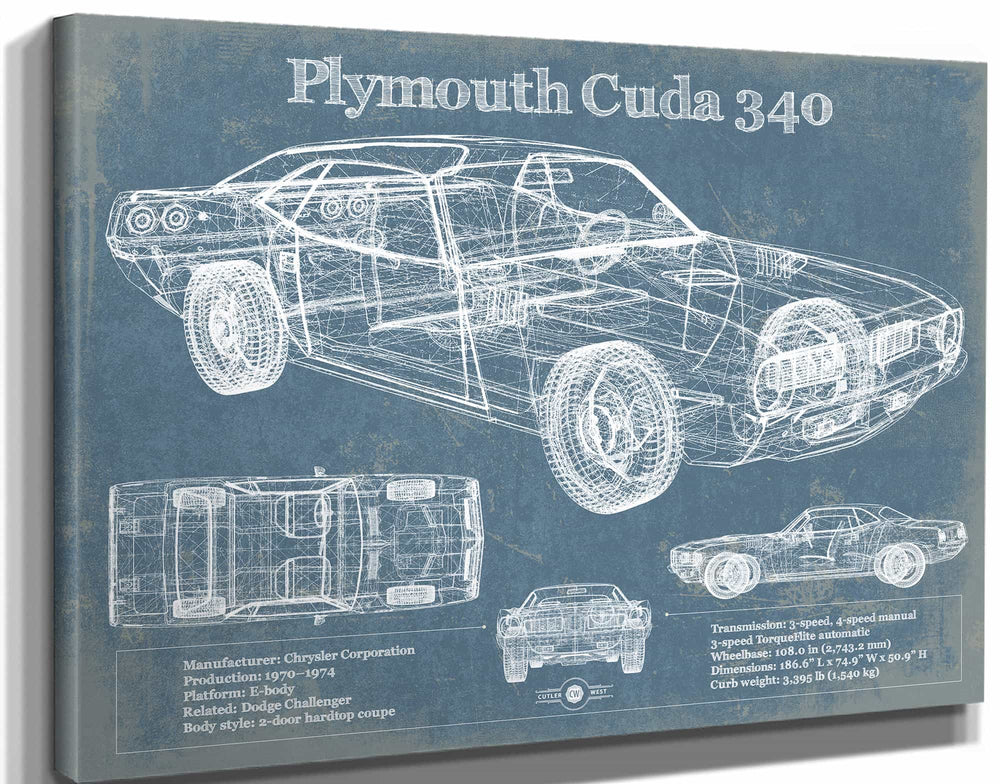 14" x 11" / Stretched Canvas Wrap Cutler West 1972-1974 Plymouth Barracuda 340 Vintage Blueprint Auto Print