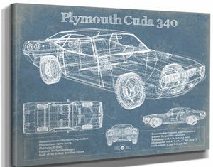 14" x 11" / Stretched Canvas Wrap Cutler West 1972-1974 Plymouth Barracuda 340 Vintage Blueprint Auto Print