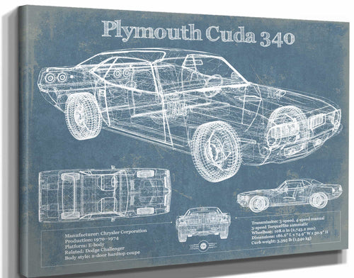 14" x 11" / Stretched Canvas Wrap Cutler West 1972-1974 Plymouth Barracuda 340 Vintage Blueprint Auto Print