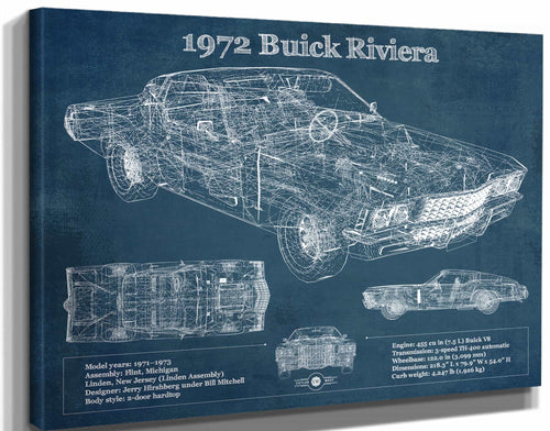 14" x 11" / Stretched Canvas Wrap Cutler West 1972 Buick Riviera Boattail Vintage Blueprint Auto Print