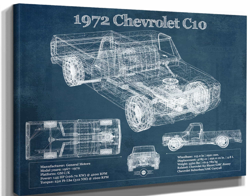 14" x 11" / Stretched Canvas Wrap Cutler West 1972 Chevrolet C10 Vintage Blueprint Auto Print