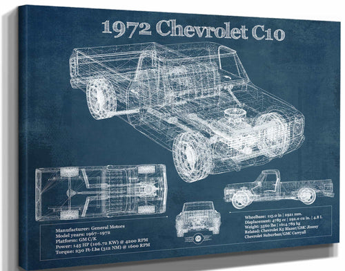 14" x 11" / Stretched Canvas Wrap Cutler West 1972 Chevrolet C10 Vintage Blueprint Auto Print