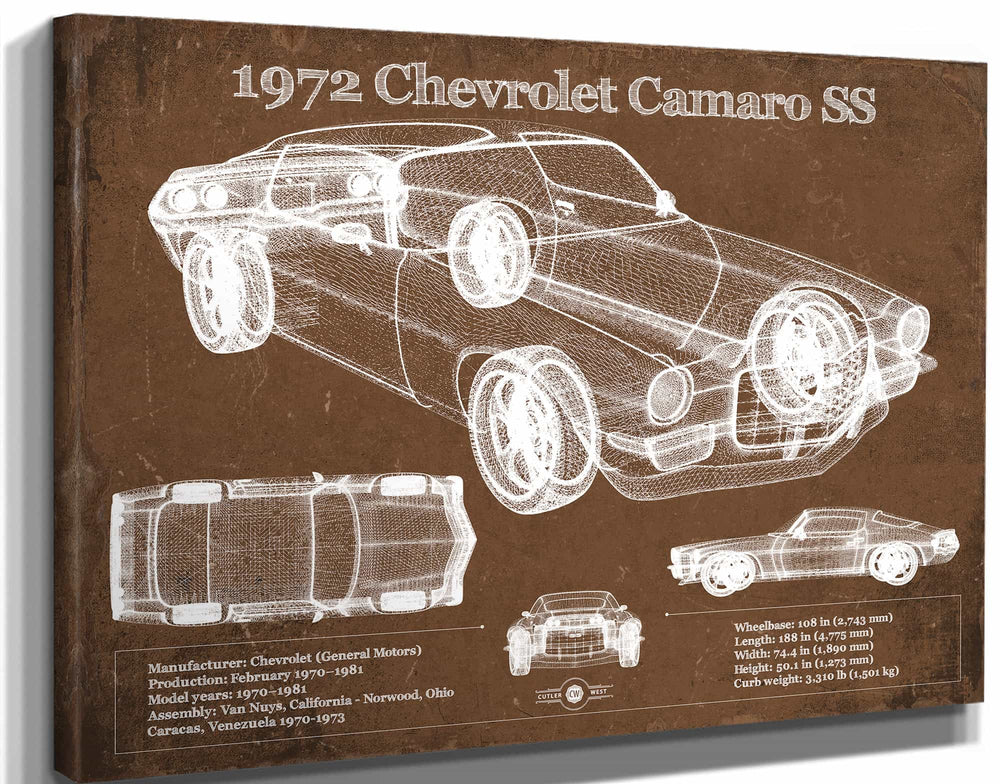 14" x 11" / Stretched Canvas Wrap Cutler West 1972 Chevrolet Camaro SS Vintage Blueprint Auto Print