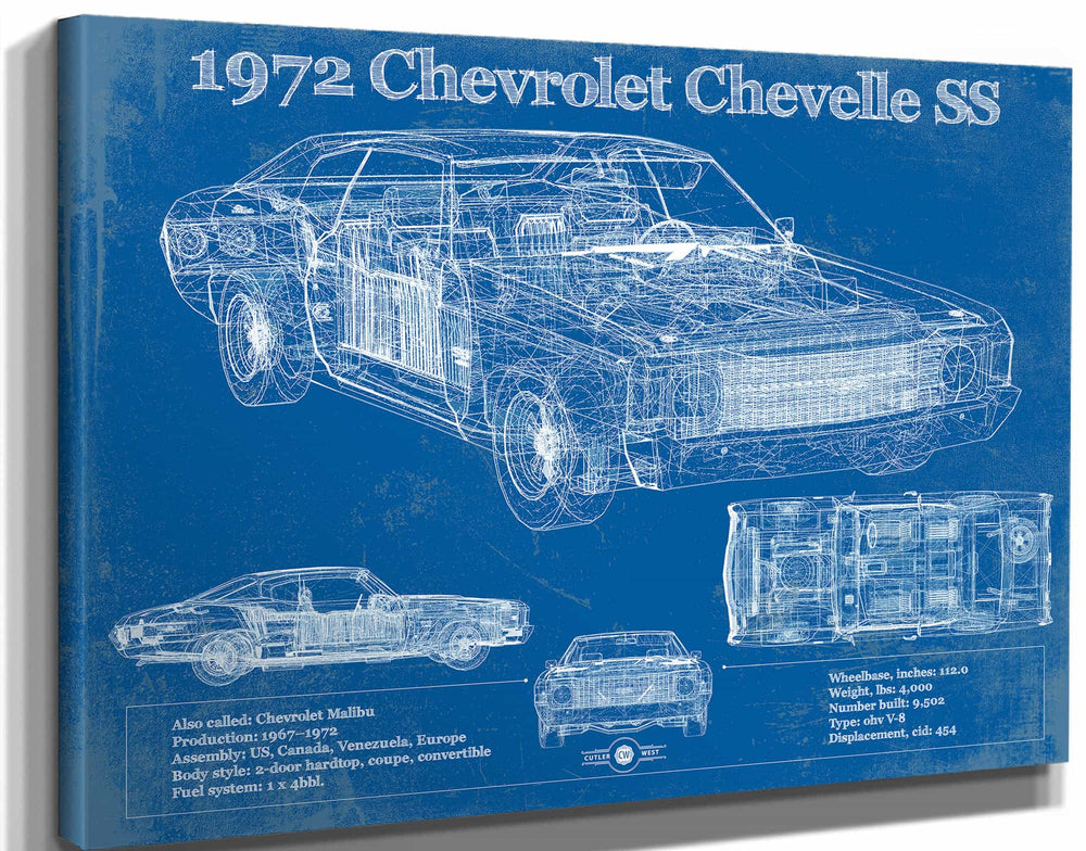 14" x 11" / Stretched Canvas Wrap Cutler West 1972 Chevrolet Chevelle SS Original Blueprint Art