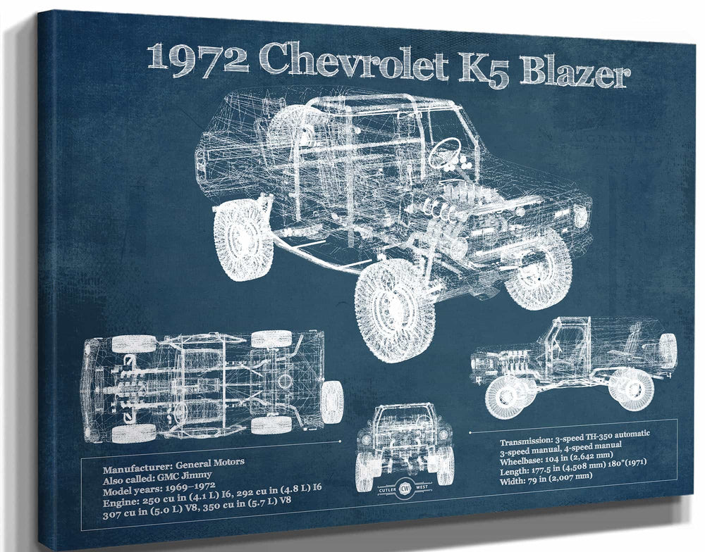 14" x 11" / Stretched Canvas Wrap Cutler West 1972 Chevrolet K5 Blazer Blueprint Vintage Auto Patent Print
