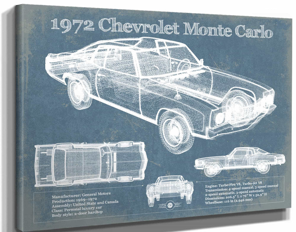 14" x 11" / Stretched Canvas Wrap Cutler West 1972 Chevrolet Monte Carlo Blueprint Vintage Auto Patent Print