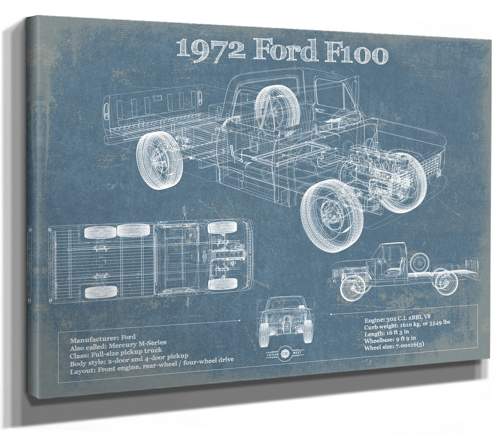 14" x 11" / Stretched Canvas Wrap Cutler West 1972 Ford F100 Pickup Truck Vintage Blueprint Auto Print