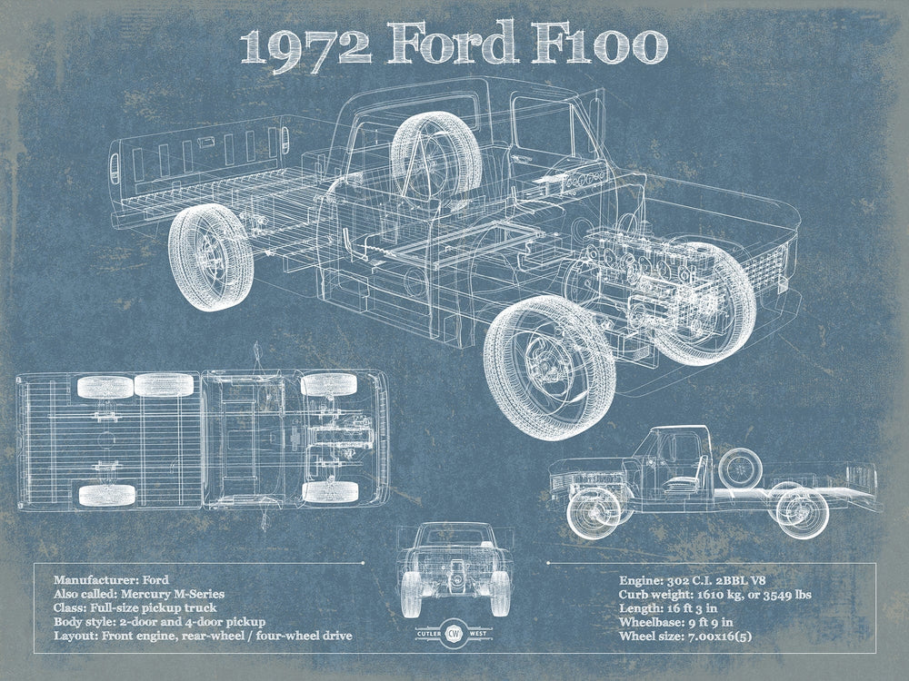 14" x 11" / Stretched Canvas Wrap Cutler West 1972 Ford F100 Pickup Truck Vintage Blueprint Auto Print