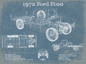14" x 11" / Unframed Cutler West 1972 Ford F100 Pickup Truck Vintage Blueprint Auto Print