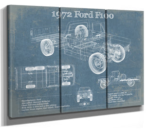 36" x 24" / 3 Panel Canvas Wrap Cutler West 1972 Ford F100 Pickup Truck Vintage Blueprint Auto Print