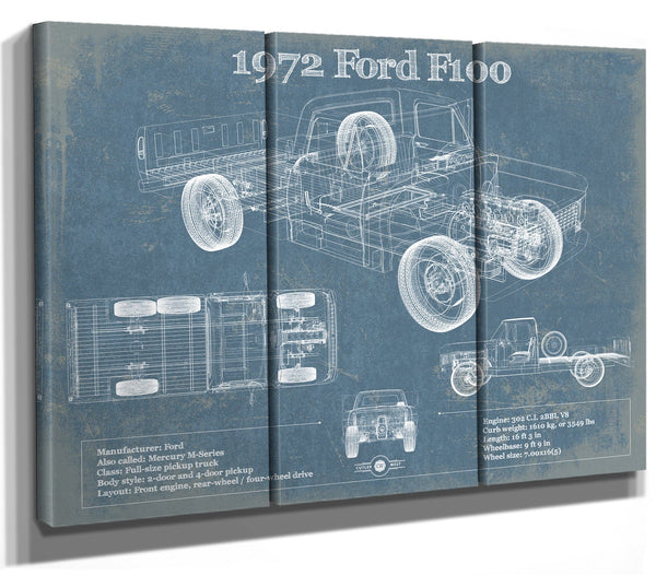 36" x 24" / 3 Panel Canvas Wrap Cutler West 1972 Ford F100 Pickup Truck Vintage Blueprint Auto Print