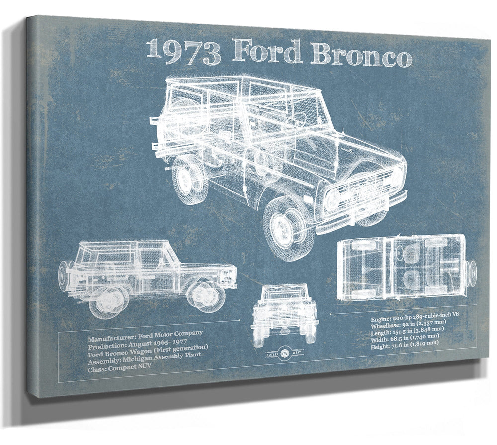 14" x 11" / Stretched Canvas Wrap Cutler West 1973 Ford Bronco Vintage Blueprint Auto Print